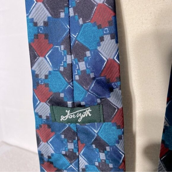 Vintage Forsyth Blue Red Square Print 100% Silk Tie - Picture 3 of 10